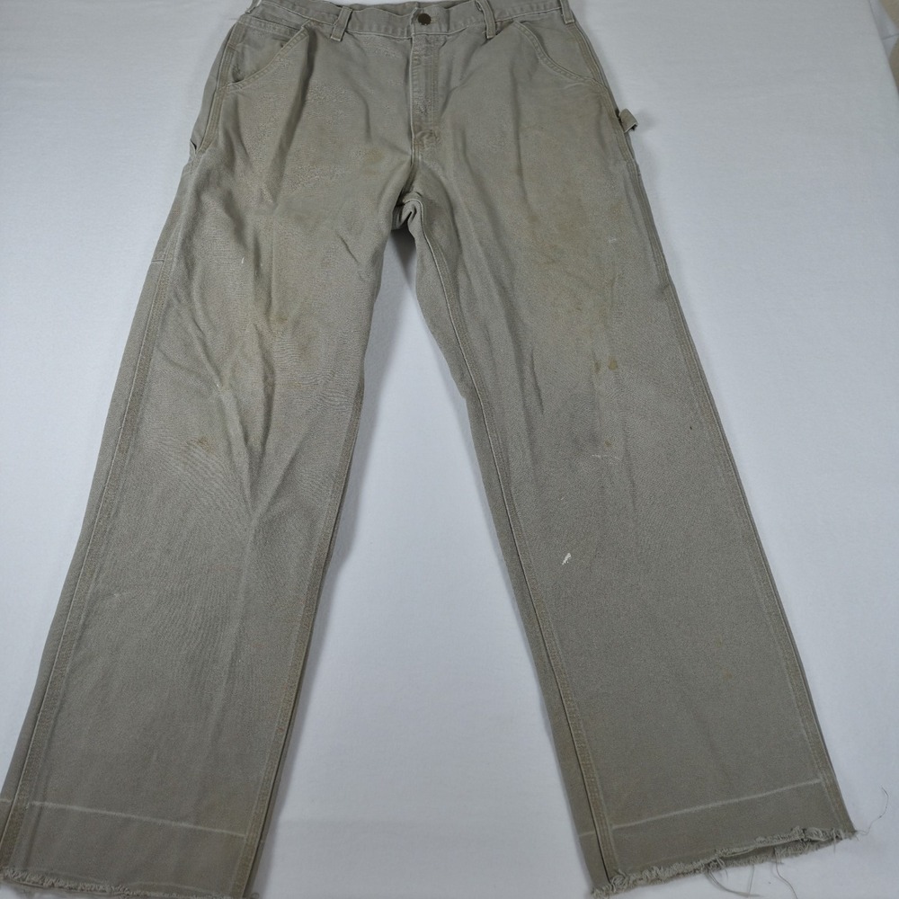 Carhartt Tan Utility Dungarees Men's Size 34x31 Raw Hem Distressed Canvas Pants